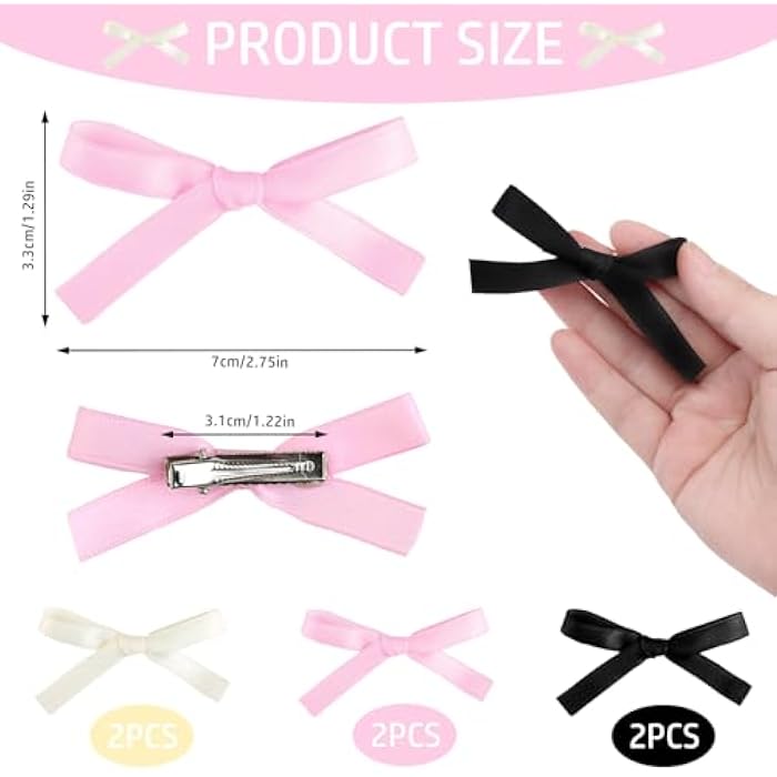 QOCO 6pcs Cute Bow Hair Clips Solid Color Kawaii Bowknot Tassel Ribbon Hair Kawaii Clips Bow Hair Kawaii Clips Long Tail Hair Kawaii Bow Barrettes for Women Girls(Pink White Black) - Image 2
